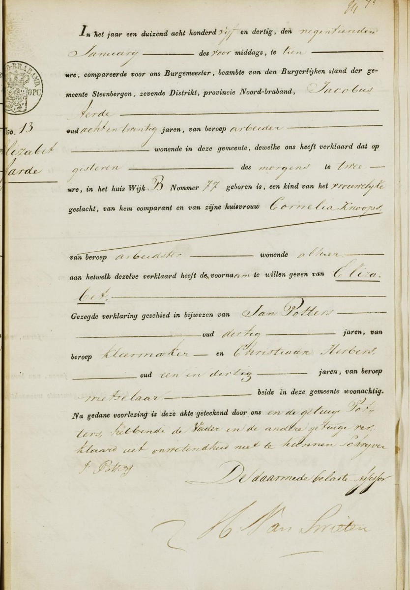 Klik voor foto in apart venster aarde_elizabet_18-01-1835_geboorteakte.jpg